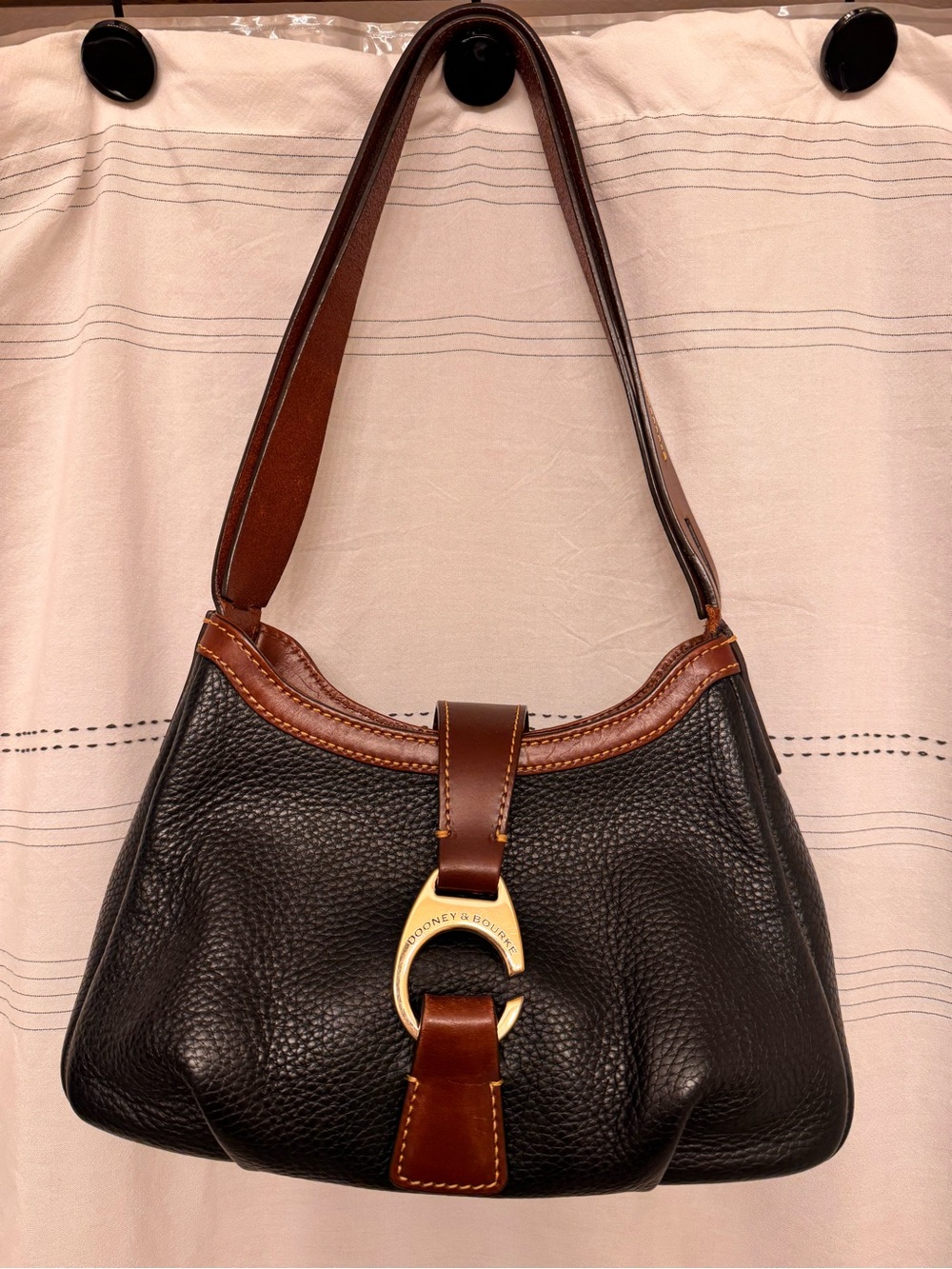 Dooney & Bourke Black Leather Shoulder Bag with Brown Trim and Gold Hardware